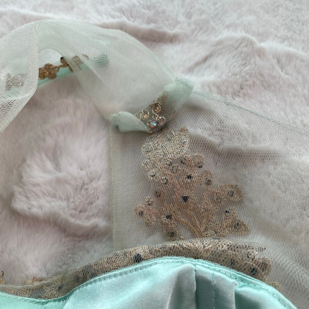 🔥Let’s Aqua Mesh Illusion Neck Gold Lace Appliqué Tulle Party Babydoll Dress - Picture 14 of 16